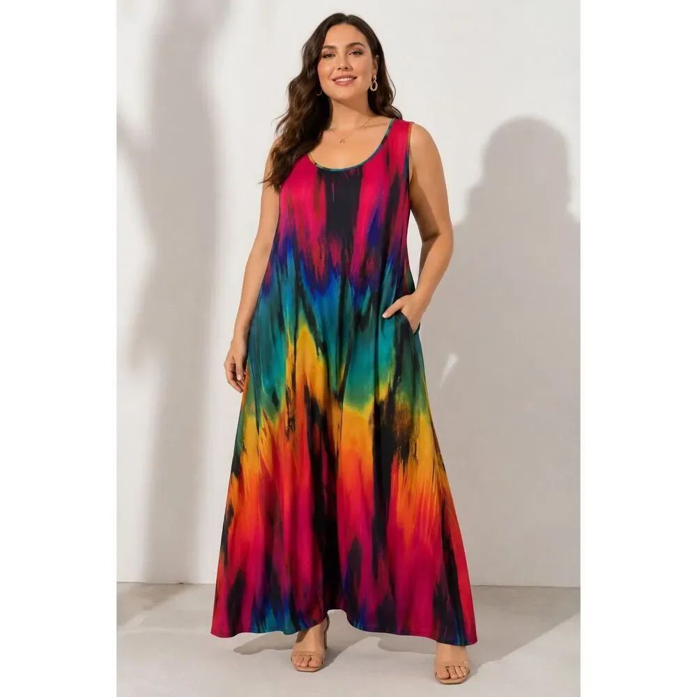 Luxury Bohemian Colorful Abstract Print Maxi Dress 2XL Satin Feel